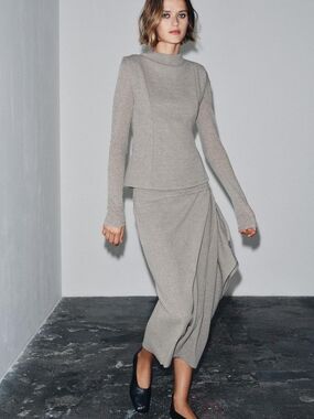 Zara Minimalist Gray Knit Draped Top And Skirt